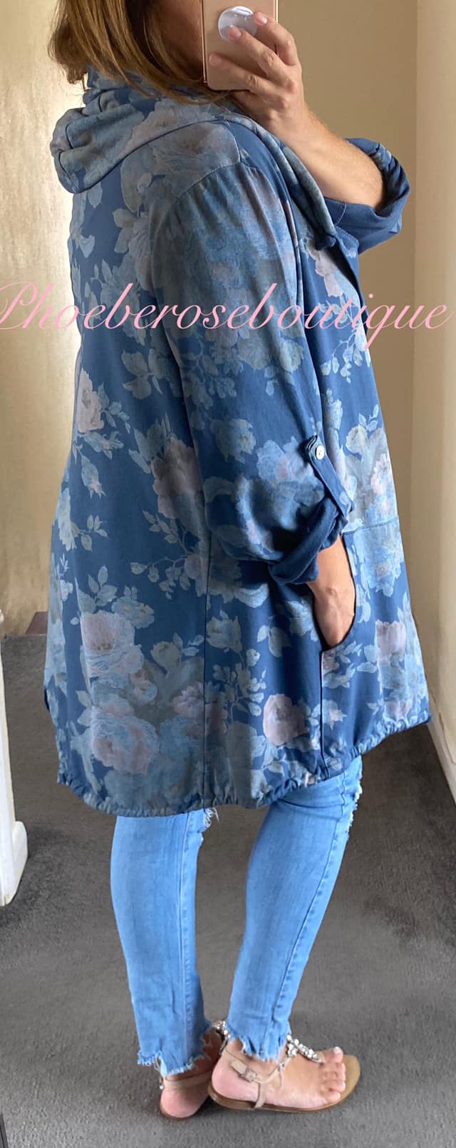 Floral Print Soft Jersey Hooded Jacket - Denim Blue - Image 3