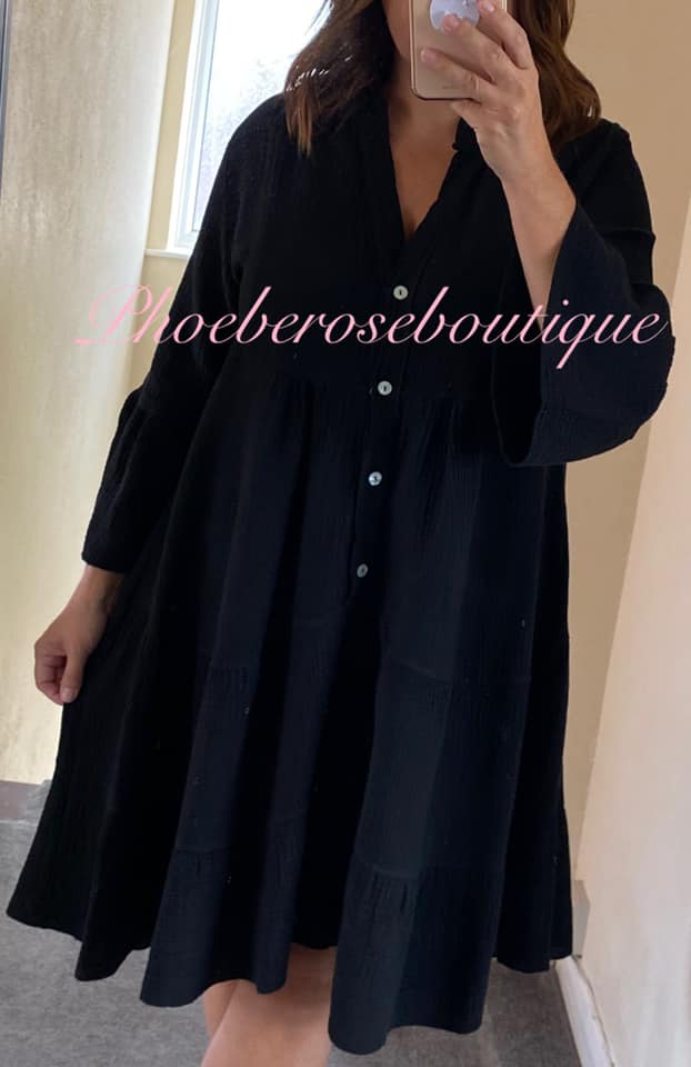 Cheesecloth Frill Sleeve Tiered Smock Dress - Black