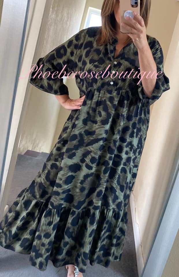 Lepo Print Soft Tiered Frill Hem Maxi Dress - Khaki Mix