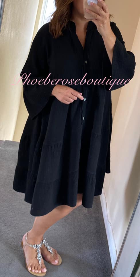 Cheesecloth Frill Sleeve Tiered Smock Dress - Black