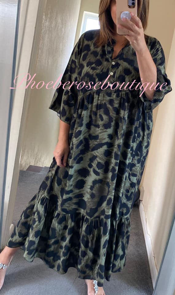 Lepo Print Soft Tiered Frill Hem Maxi Dress - Khaki Mix