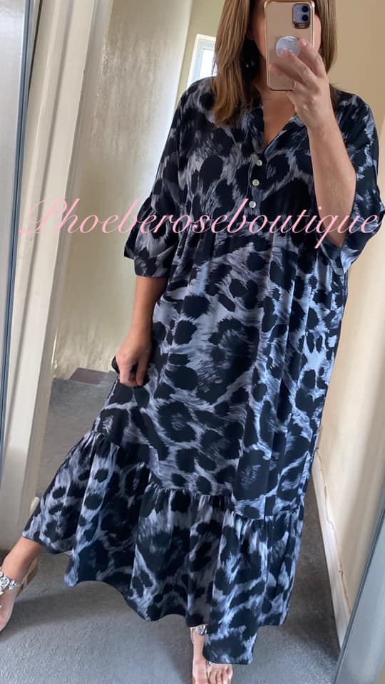 Lepo Print Soft Tiered Frill Hem Maxi Dress - Grey Mix