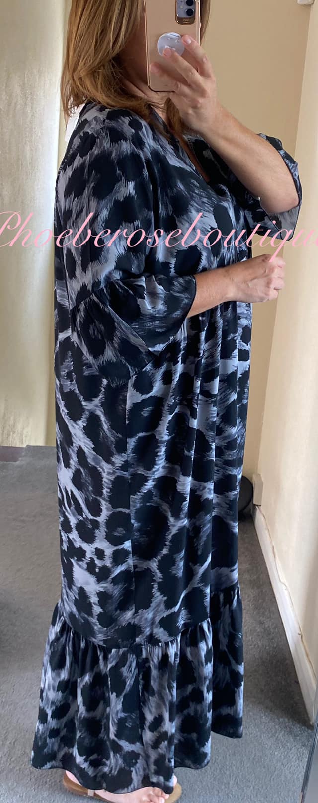 Lepo Print Soft Tiered Frill Hem Maxi Dress - Grey Mix
