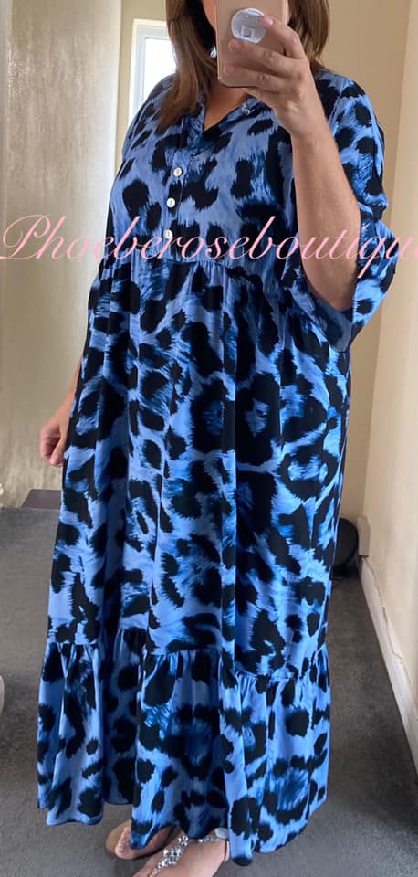 Lepo Print Soft Tiered Frill Hem Maxi Dress - Blue Mix