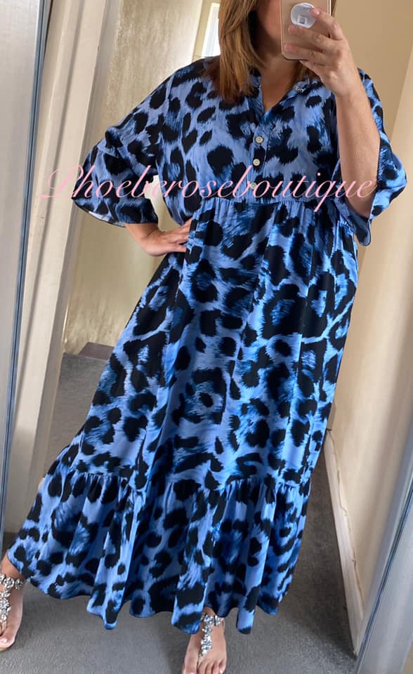 Lepo Print Soft Tiered Frill Hem Maxi Dress - Blue Mix