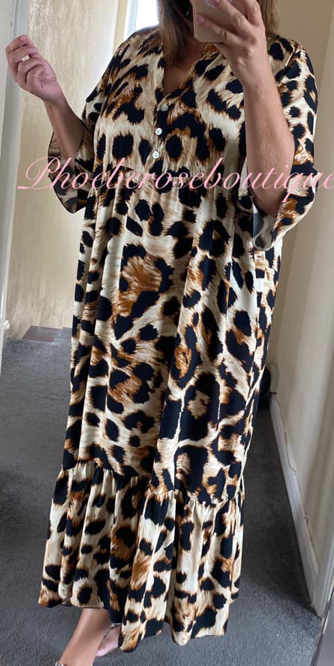 Lepo Print Soft Tiered Frill Hem Maxi Dress - Tan Mix