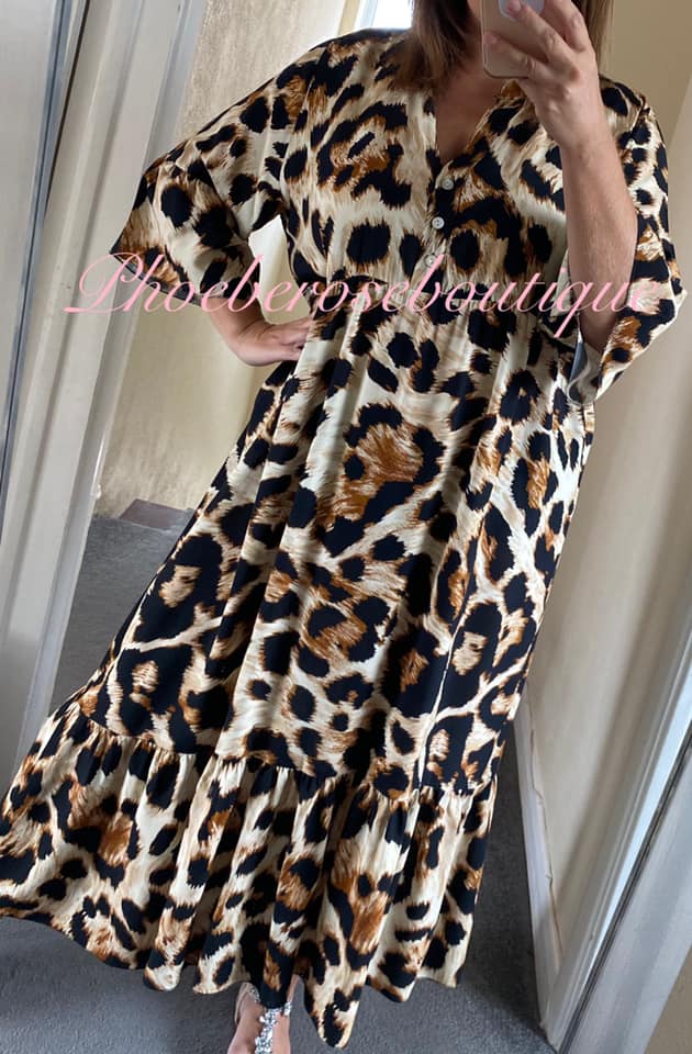 Lepo Print Soft Tiered Frill Hem Maxi Dress - Tan Mix
