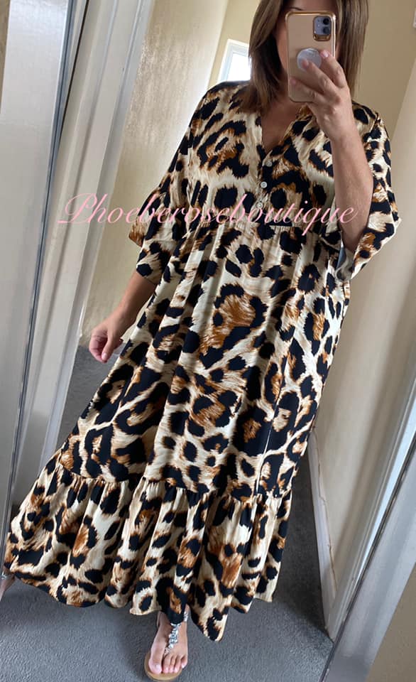 Lepo Print Soft Tiered Frill Hem Maxi Dress - Tan Mix - Image 3