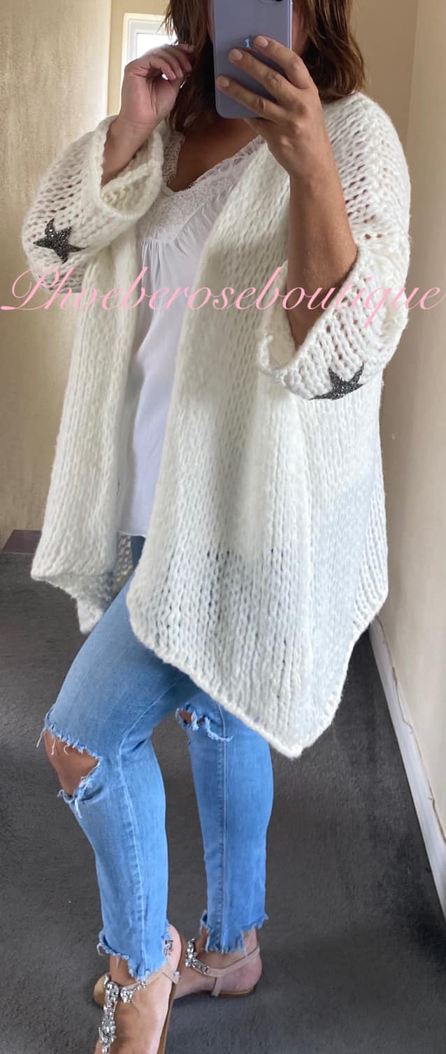 Chunky Knit Embellished Star Sleeve Slouch Cardigan - Cream - Image 3
