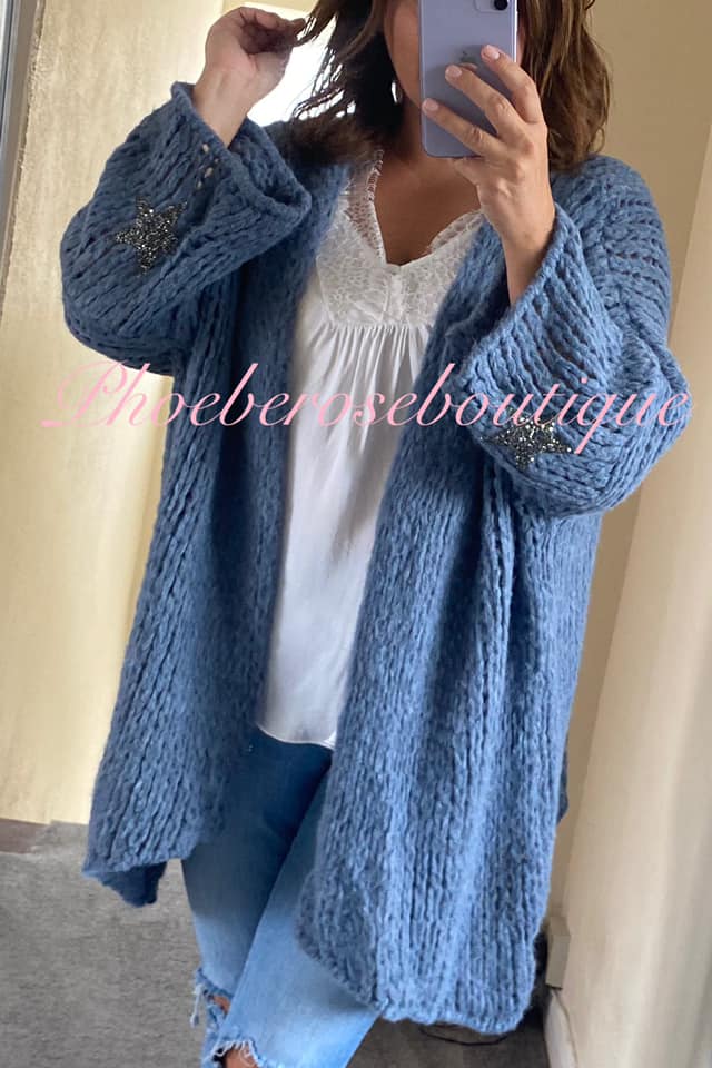 Chunky Knit Embellished Star Sleeve Slouch Cardigan - Denim Blue