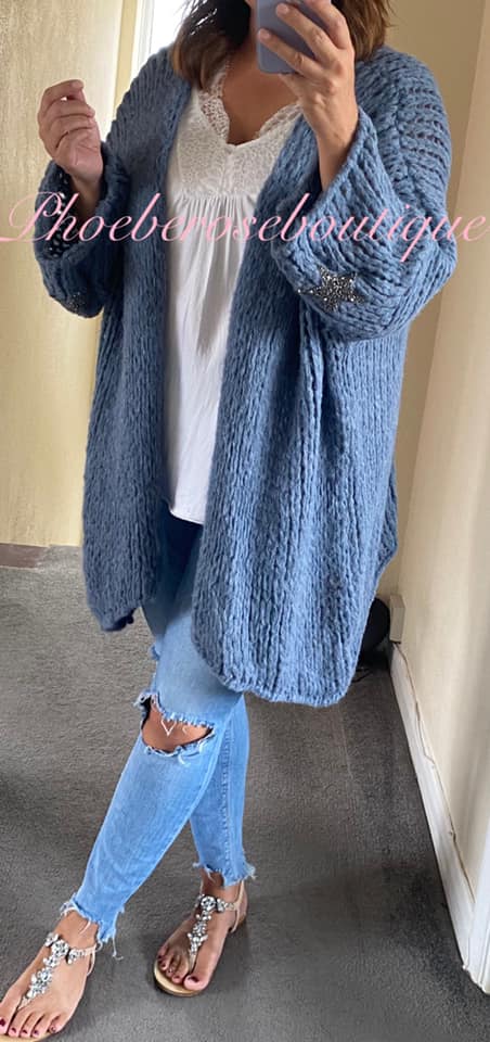 Chunky Knit Embellished Star Sleeve Slouch Cardigan - Denim Blue