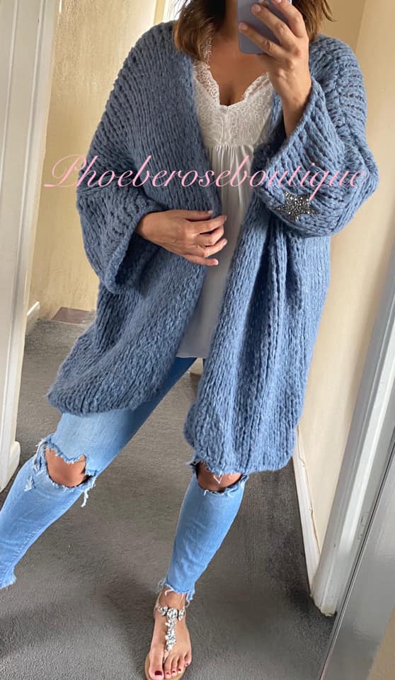 Chunky Knit Embellished Star Sleeve Slouch Cardigan - Denim Blue - Image 3