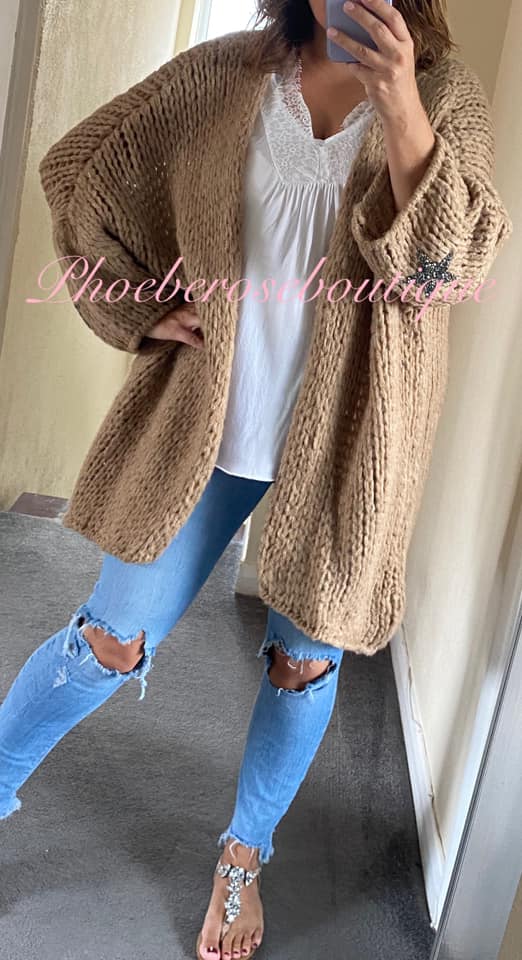 Chunky Knit Embellished Star Sleeve Slouch Cardigan - Camel