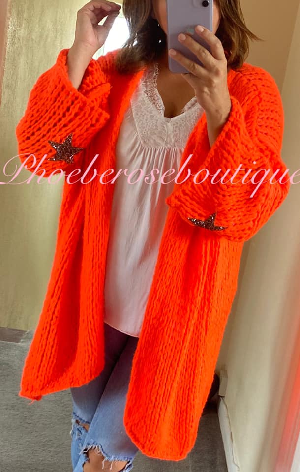 Chunky Knit Embellished Star Sleeve Slouch Cardigan - Neon Coral