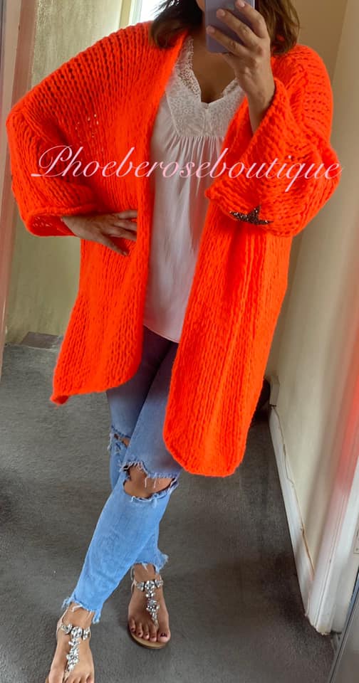 Chunky Knit Embellished Star Sleeve Slouch Cardigan - Neon Coral - Image 3