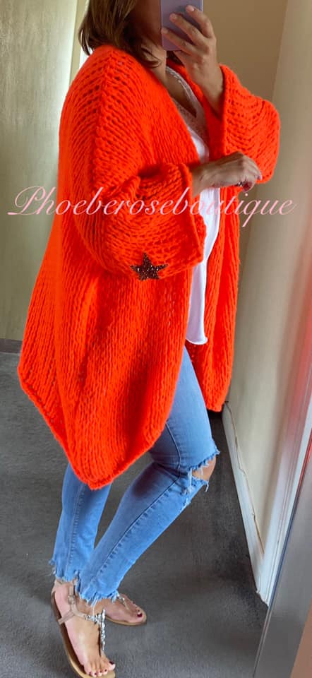Chunky Knit Embellished Star Sleeve Slouch Cardigan - Neon Coral