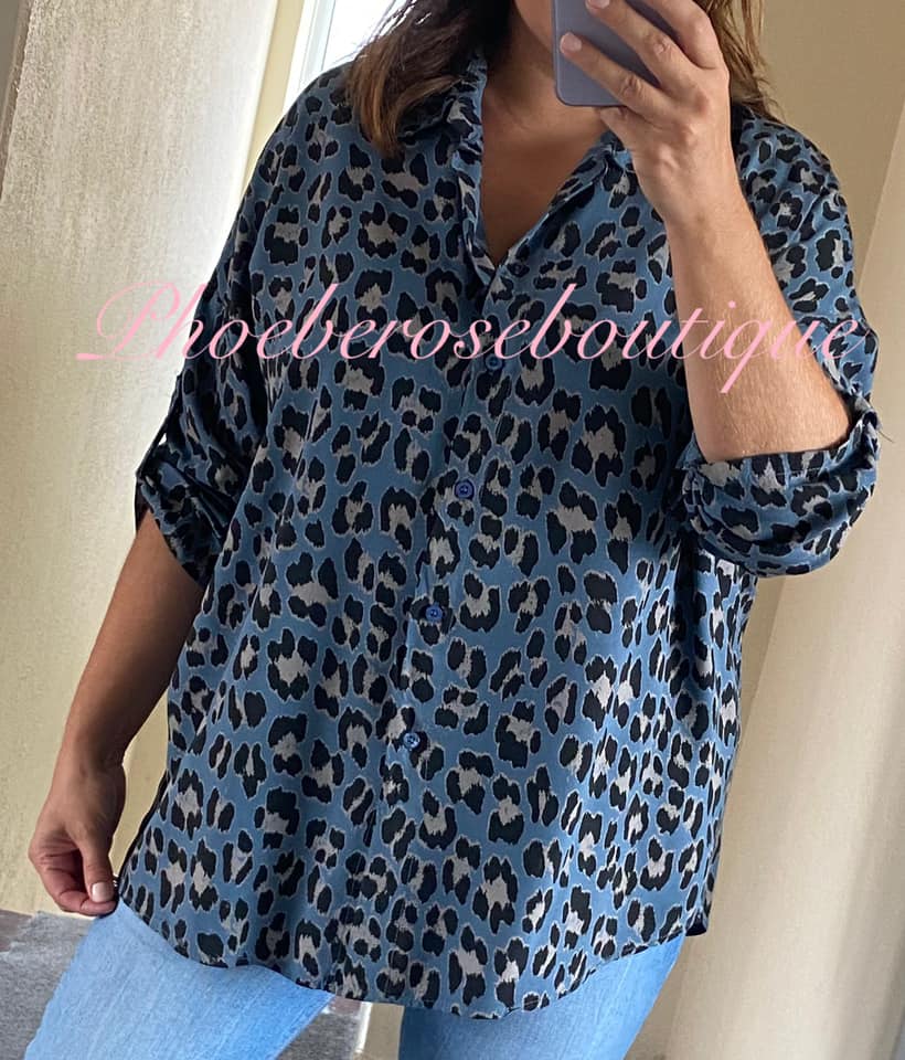Lepo Print Turn Up Sleeve Shirt - Denim Blue