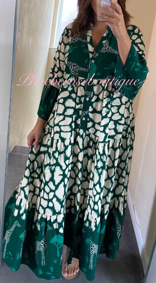 Lux Giraffe/Animal Print Maxi Tiered Smock Dress - Green - Image 3