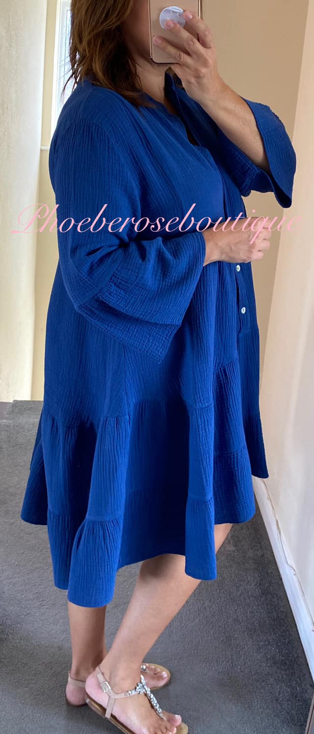 Cheesecloth Frill Sleeve Tiered Smock Dress - Royal Blue - Image 3