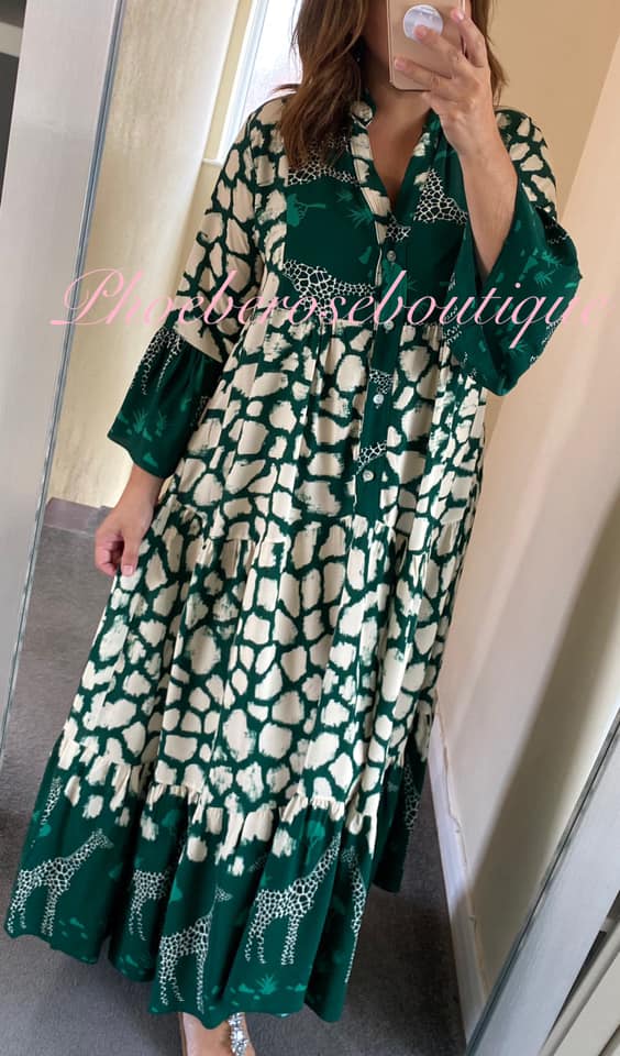 Lux Giraffe/Animal Print Maxi Tiered Smock Dress - Green