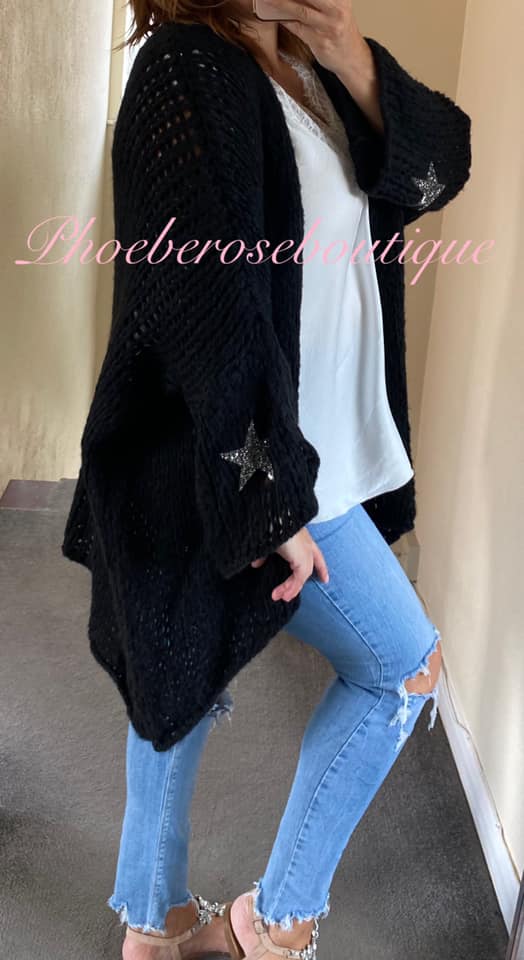 Chunky Knit Embellished Star Sleeve Slouch Cardigan - Black - Image 4