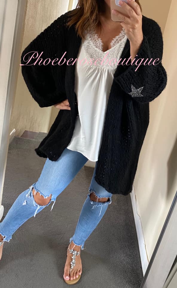 Chunky Knit Embellished Star Sleeve Slouch Cardigan - Black