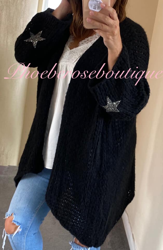 Chunky Knit Embellished Star Sleeve Slouch Cardigan - Black