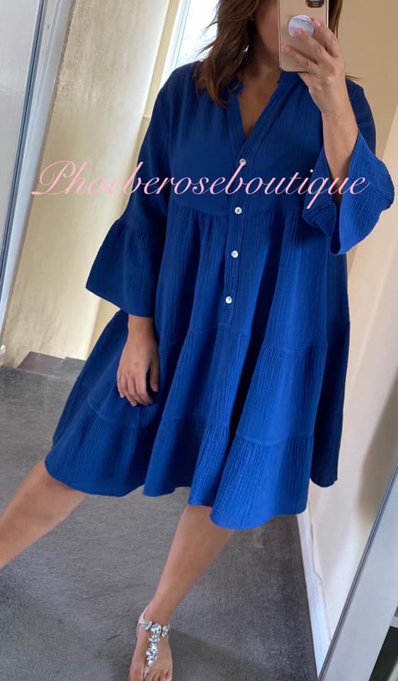 Cheesecloth Frill Sleeve Tiered Smock Dress - Royal Blue