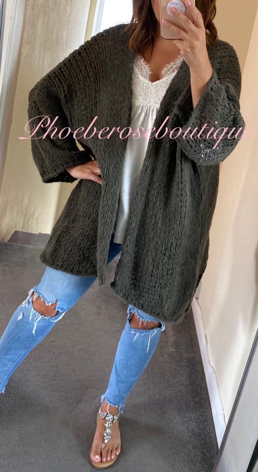 Chunky Knit Embellished Star Sleeve Slouch Cardigan - Khaki - Image 3