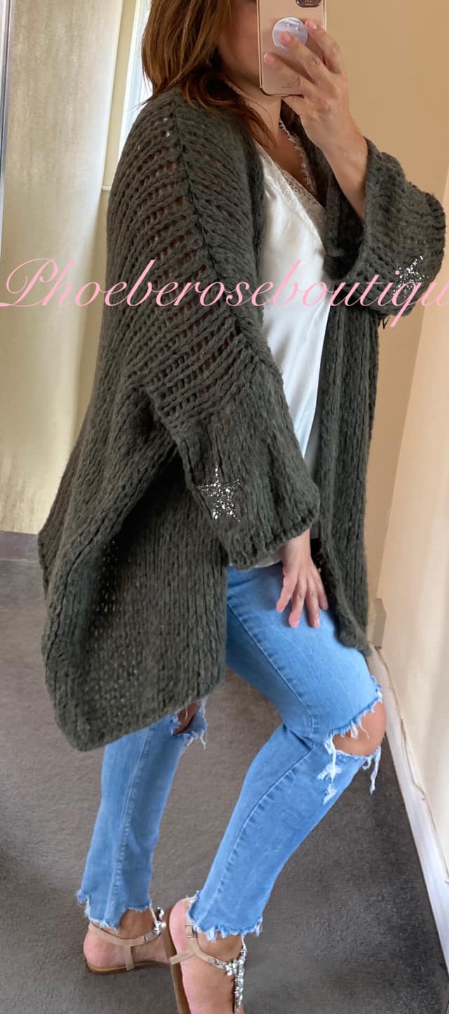 Chunky Knit Embellished Star Sleeve Slouch Cardigan - Khaki