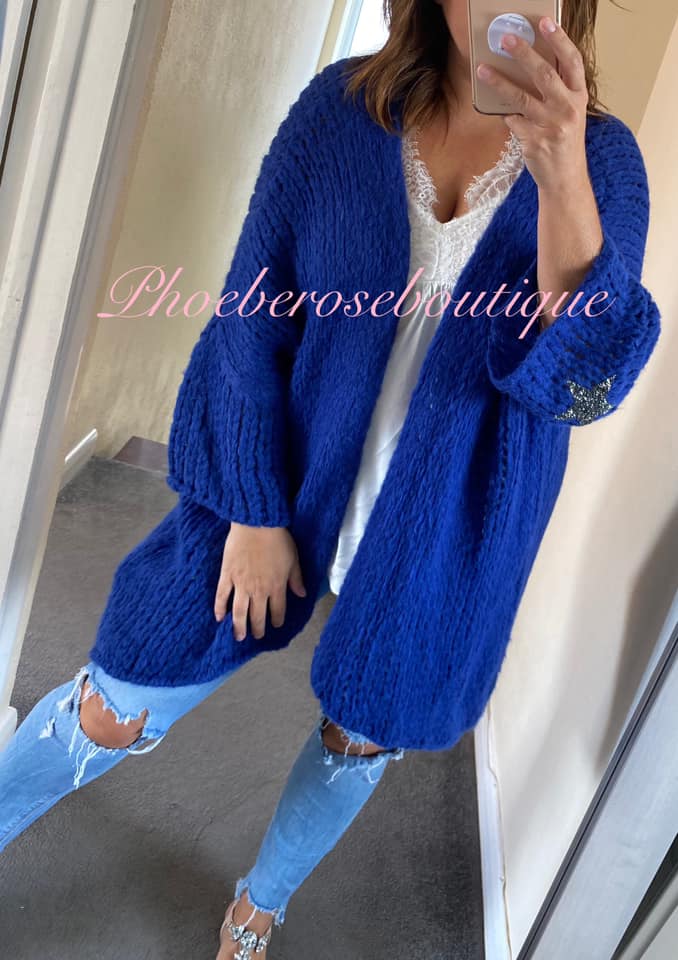 Chunky Knit Embellished Star Sleeve Slouch Cardigan - Electric Blue - Image 3