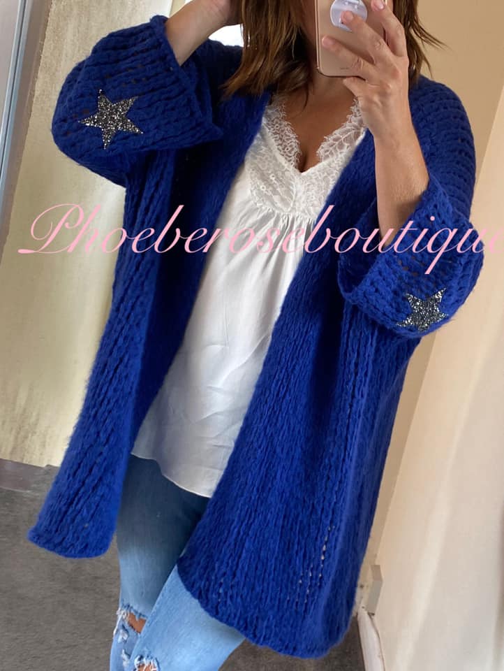 Chunky Knit Embellished Star Sleeve Slouch Cardigan - Electric Blue