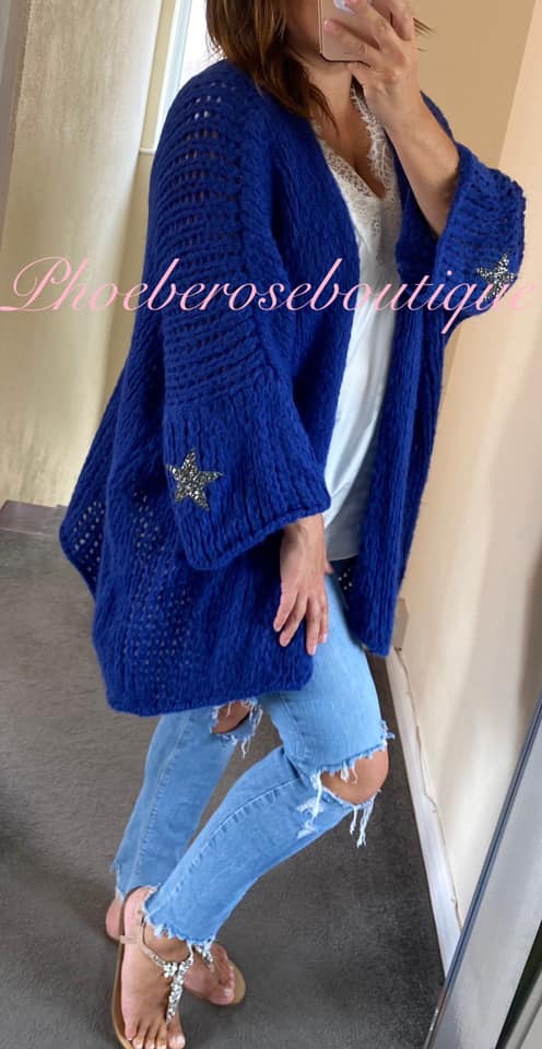 Chunky Knit Embellished Star Sleeve Slouch Cardigan - Electric Blue