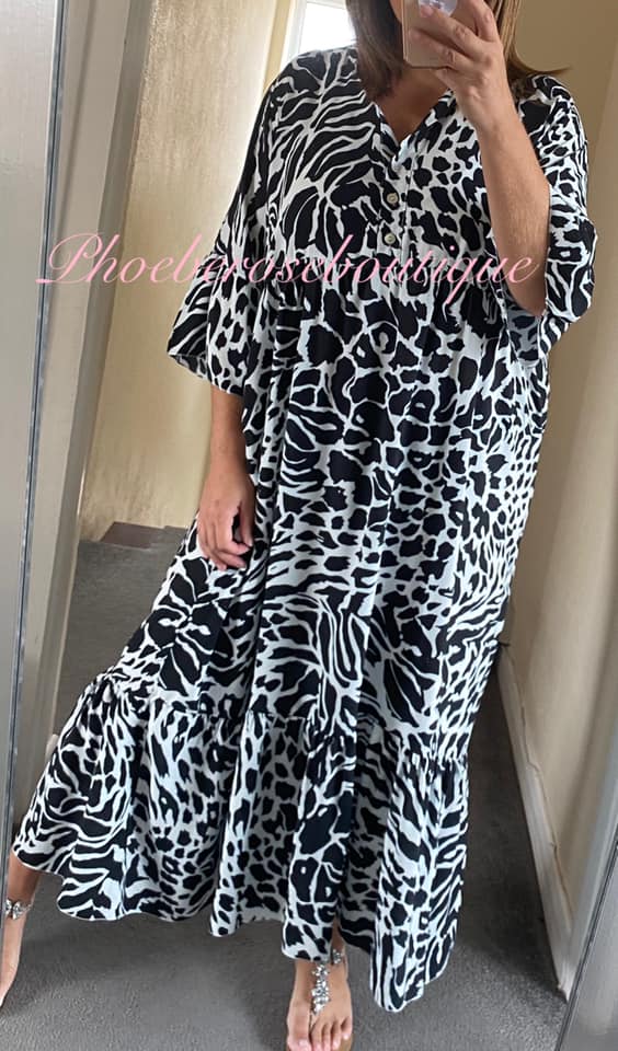 Tiger Print Soft Tiered Maxi Dress - Black Mix