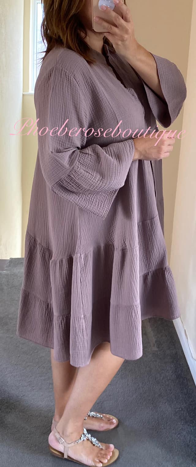 Cheesecloth Frill Sleeve Tiered Smock Dress - Lavender - Image 3