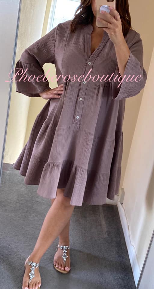 Cheesecloth Frill Sleeve Tiered Smock Dress - Lavender
