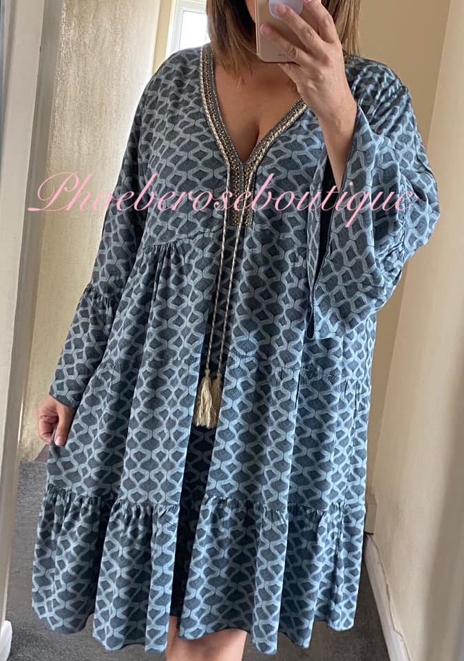Boho Style Tiered Diamond print Tassel Dress/Tunic - Grey