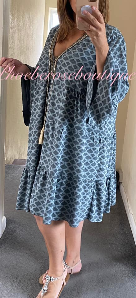 Boho Style Tiered Diamond print Tassel Dress/Tunic - Grey - Image 3