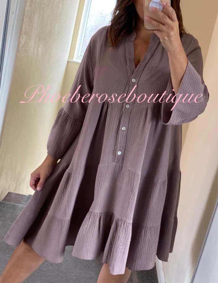 Cheesecloth Frill Sleeve Tiered Smock Dress - Lavender