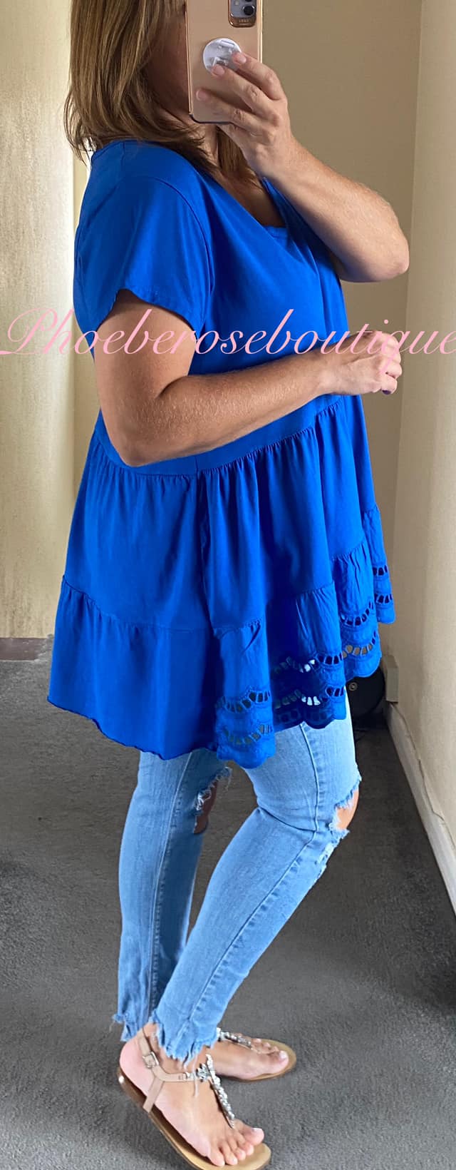 Broderie Hem Tiered Style V Neck Top - Royal Blue