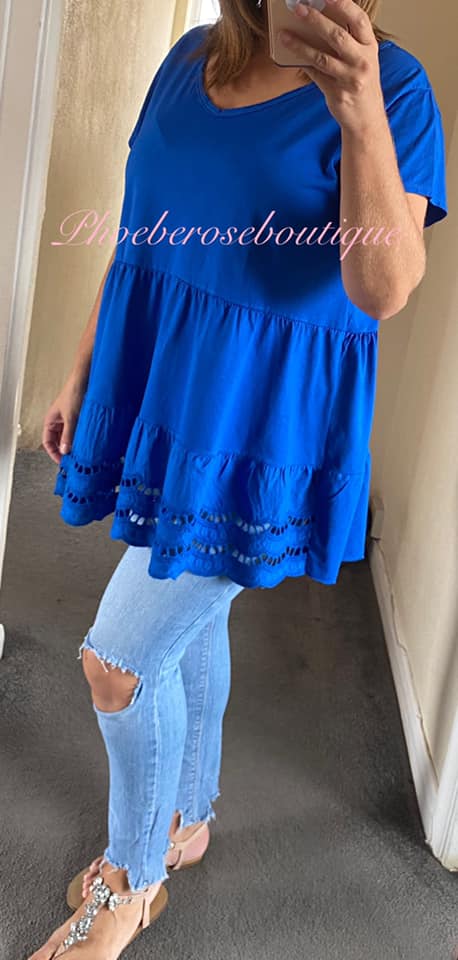 Broderie Hem Tiered Style V Neck Top - Royal Blue - Image 3