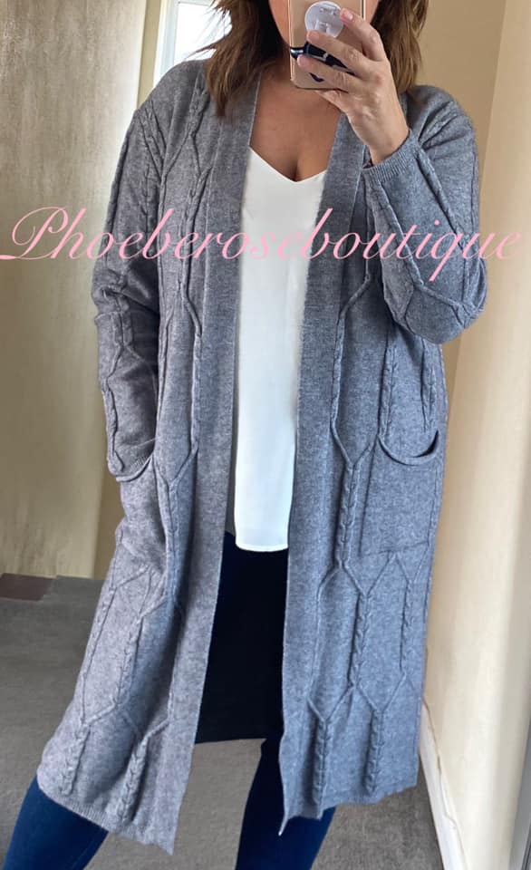 Lux Supersoft Knit Longline Cable Effect Pocket Cardigan - Grey