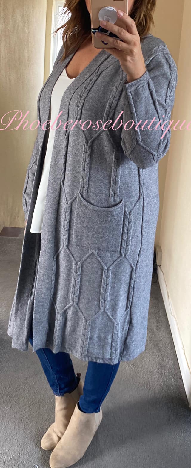 Lux Supersoft Knit Longline Cable Effect Pocket Cardigan - Grey