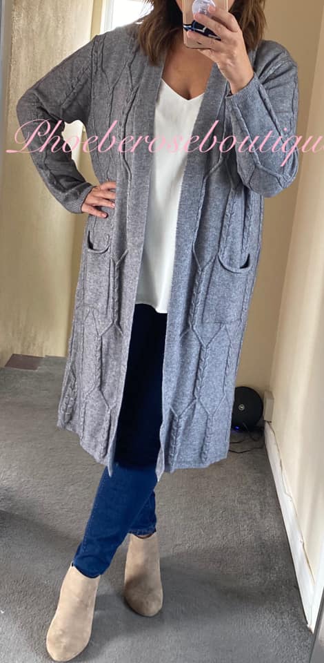 Lux Supersoft Knit Longline Cable Effect Pocket Cardigan - Grey - Image 3