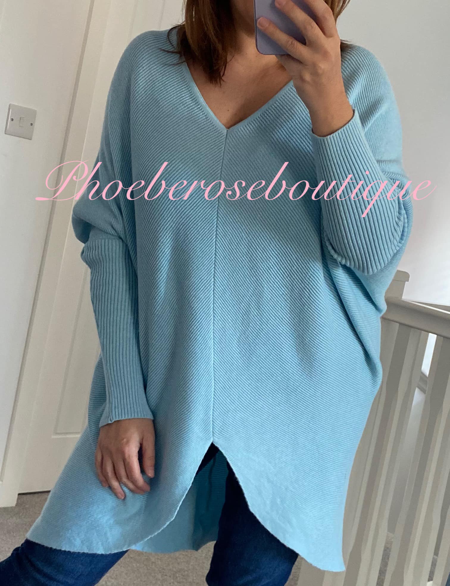 Soft Ribbed Slouch Cut Out Back Hi/Low Tunic/Jumper - Baby Blue