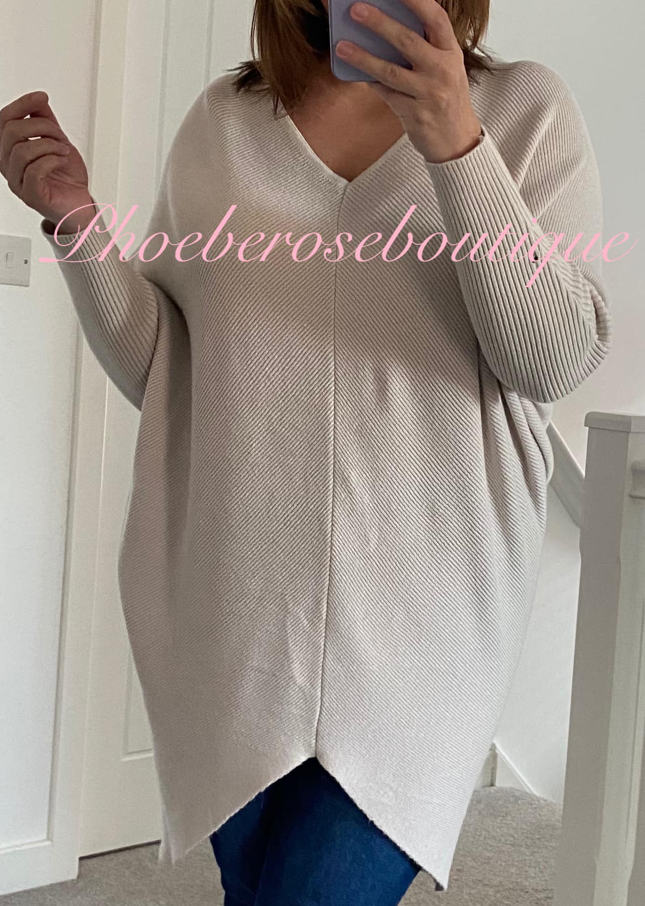 Soft Ribbed Slouch Cut Out Back Hi/Low Tunic/Jumper - Stone