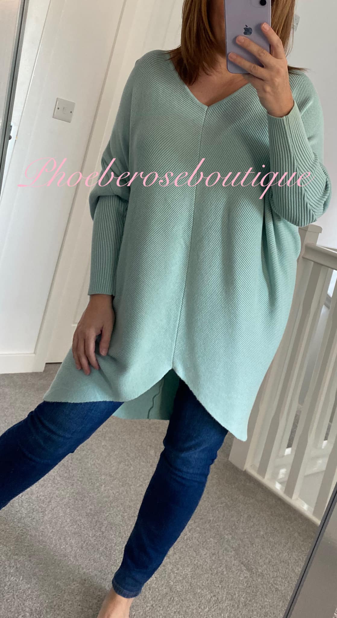 Soft Ribbed Slouch Cut Out Back Hi/Low Tunic/Jumper - Mint - Image 3