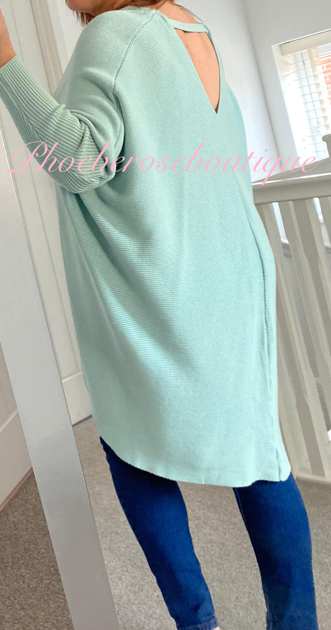 Soft Ribbed Slouch Cut Out Back Hi/Low Tunic/Jumper - Mint
