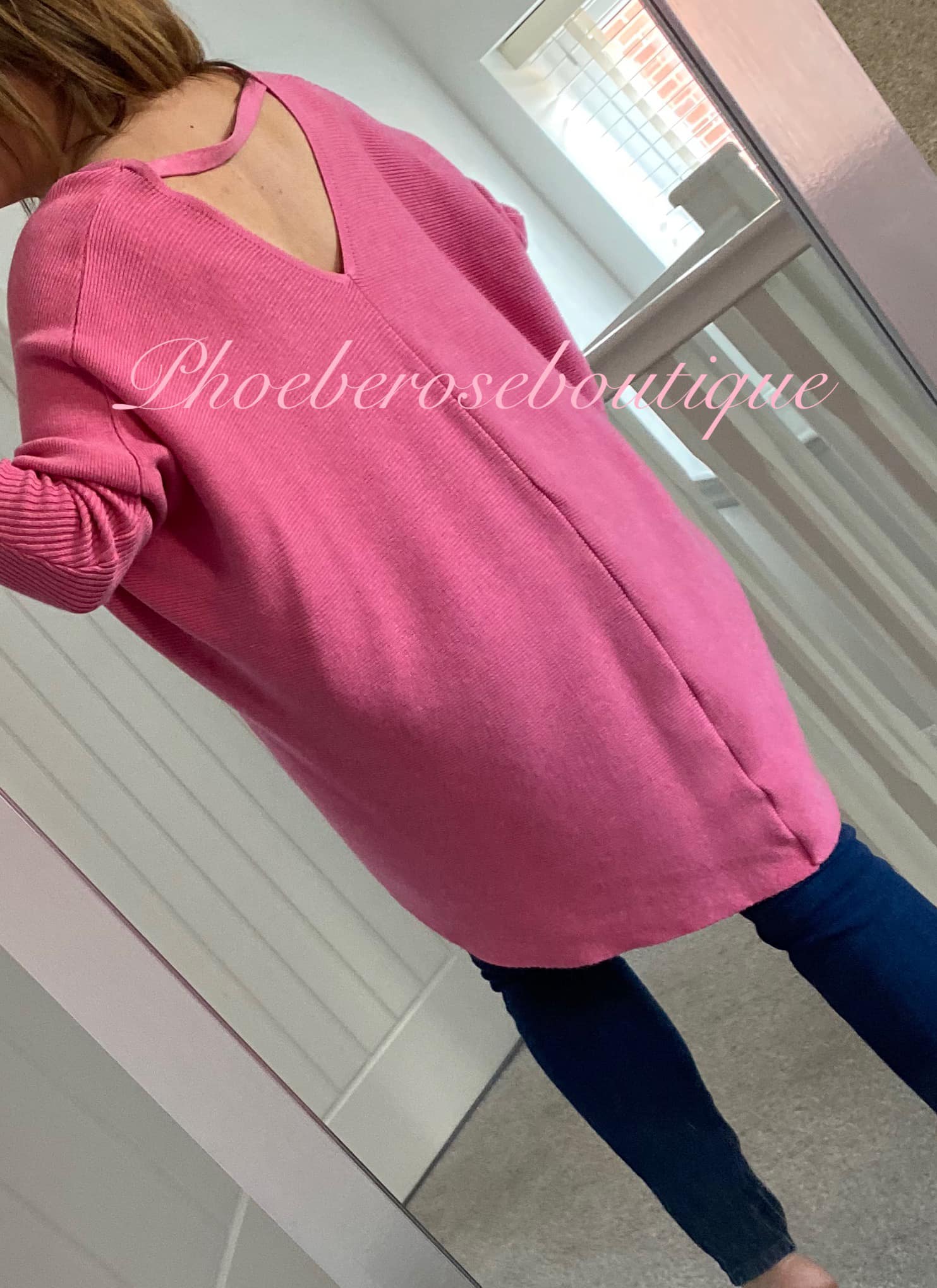 Soft Ribbed Slouch Cut Out Back Hi/Low Tunic/Jumper - Hot Pink - Image 3