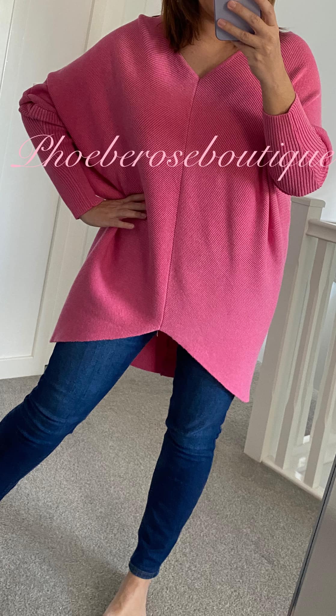 Soft Ribbed Slouch Cut Out Back Hi/Low Tunic/Jumper - Hot Pink